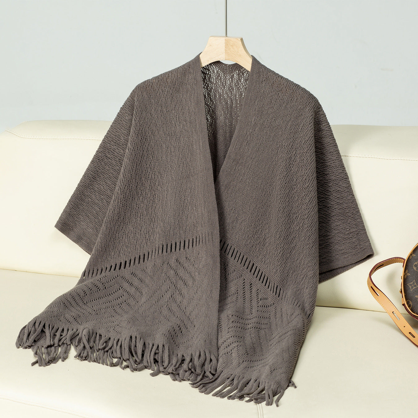 Damen Strickponcho Elegantes Design Fransen Muster