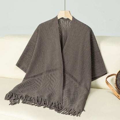Damen Strickponcho Elegantes Design Fransen Muster