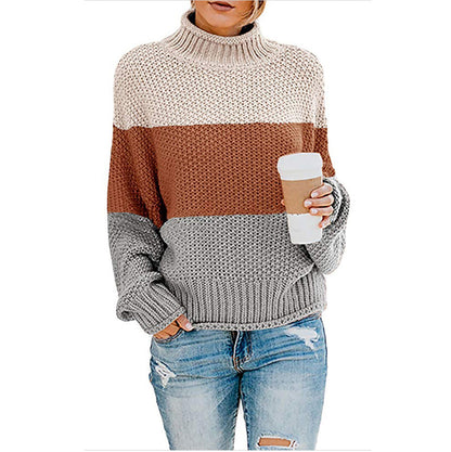 Damen Pullover Grobstrick Hochkragen Modern Farbblock