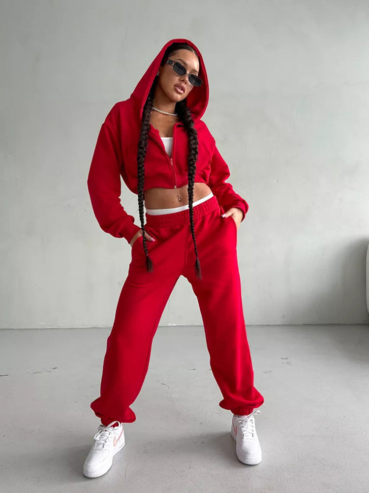 Damen Sport Outfit: Cropped Jacke und Jogginghose Set