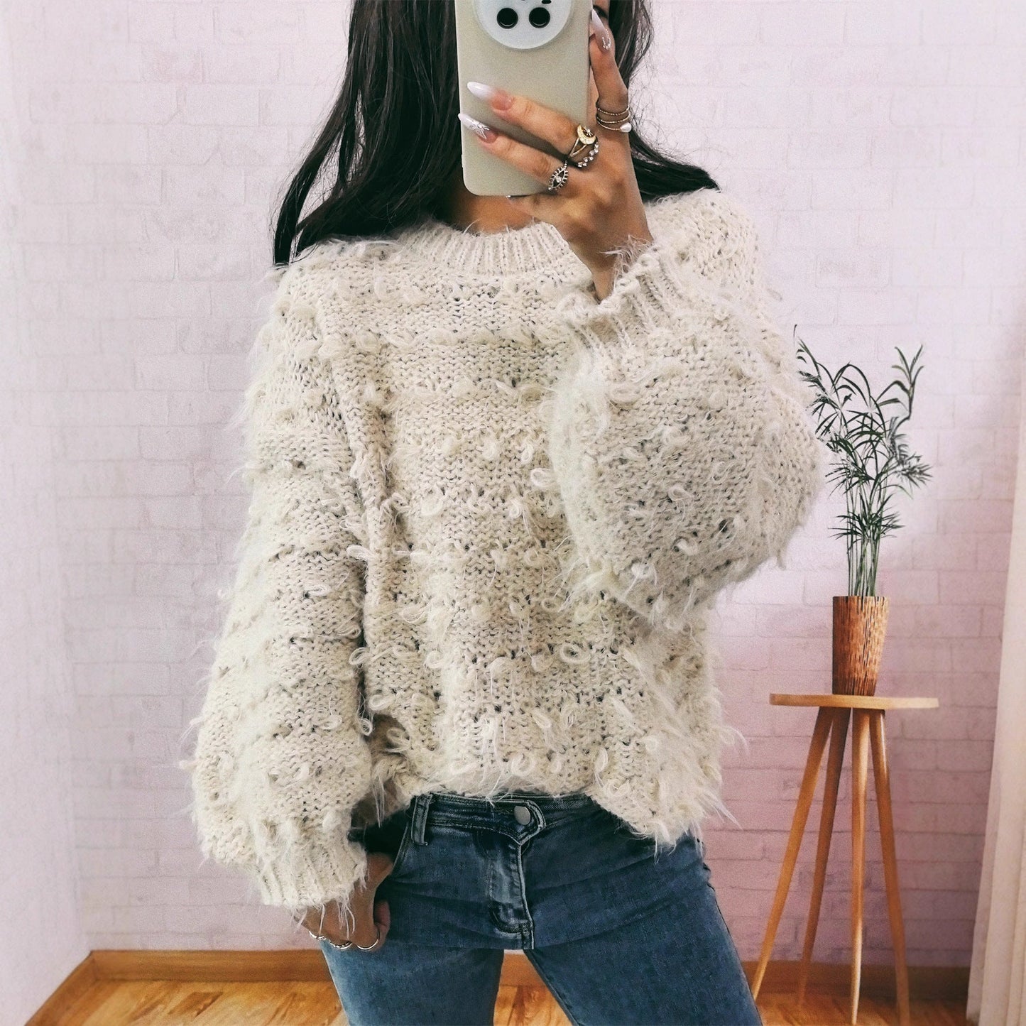 Damen Oversized Pullover Großzügig Strukturiert Elegant