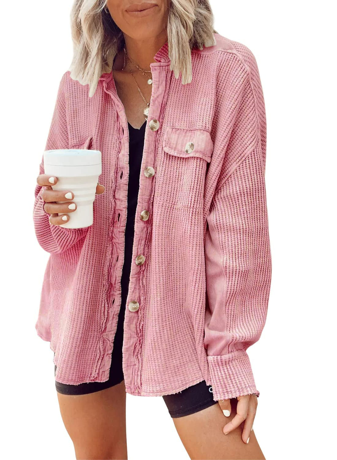 Damen Overshirt Lässig Strukturiert mit Knopfverschluss