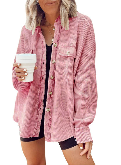 Damen Overshirt Lässig Strukturiert mit Knopfverschluss