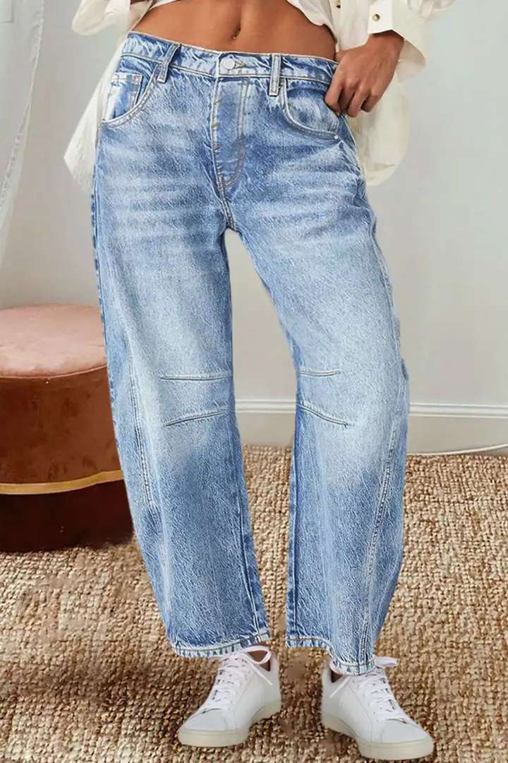 Damen Hoch Taillierte Baggy Jeans Bequem Geschnitten