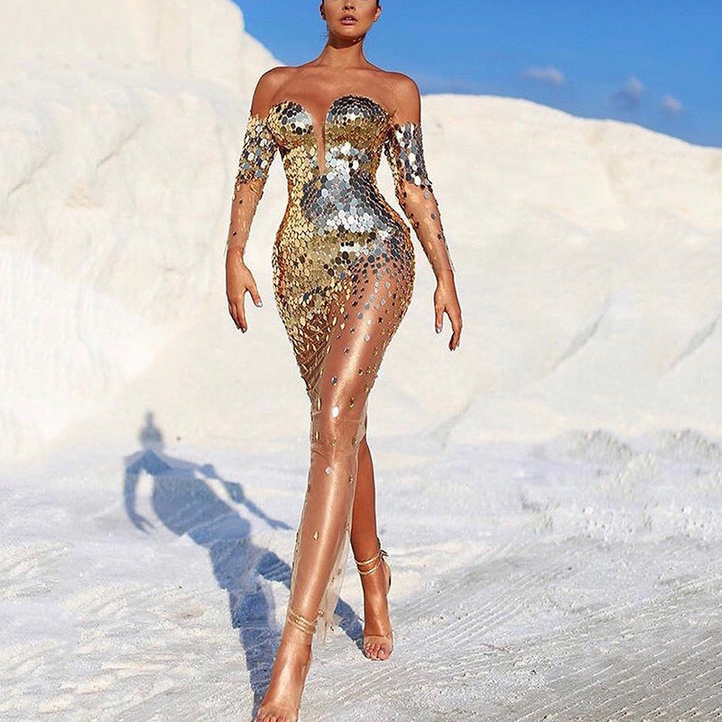 Glitzerndes Abendkleid Damen Elegant Durchsichtige Ärmel