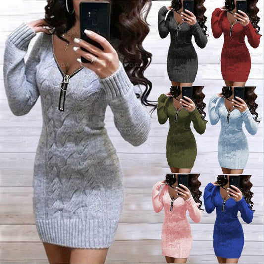 Damen Strickkleid mit Reißverschluss und Zopfmuster - IdealeKleiden
