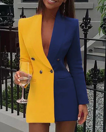 Frauen Blazer Kleid Taillierte Passform Zweifarbig V-Ausschnitt