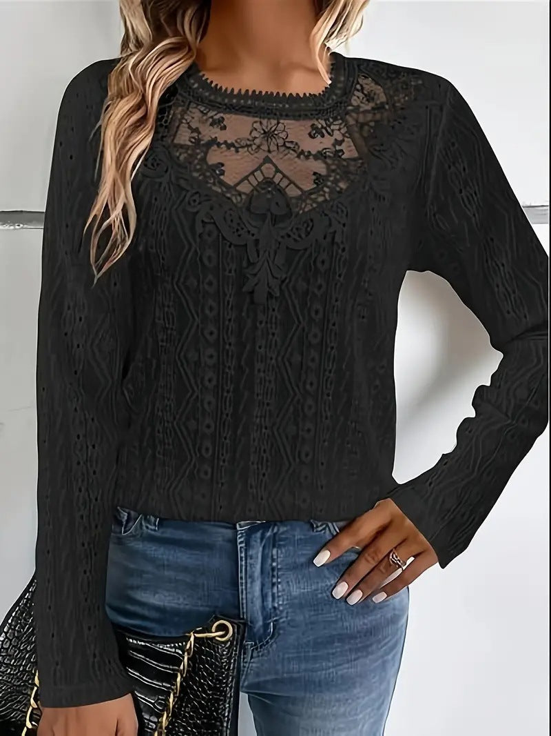 Damen Bluse Elegant Spitze Durchbrochen