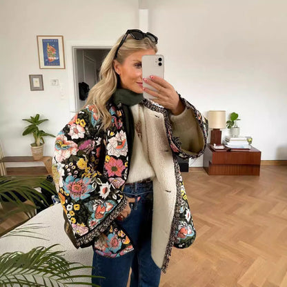 Damen Steppjacke Blumenmuster Trendy Outerwear - IdealeKleiden