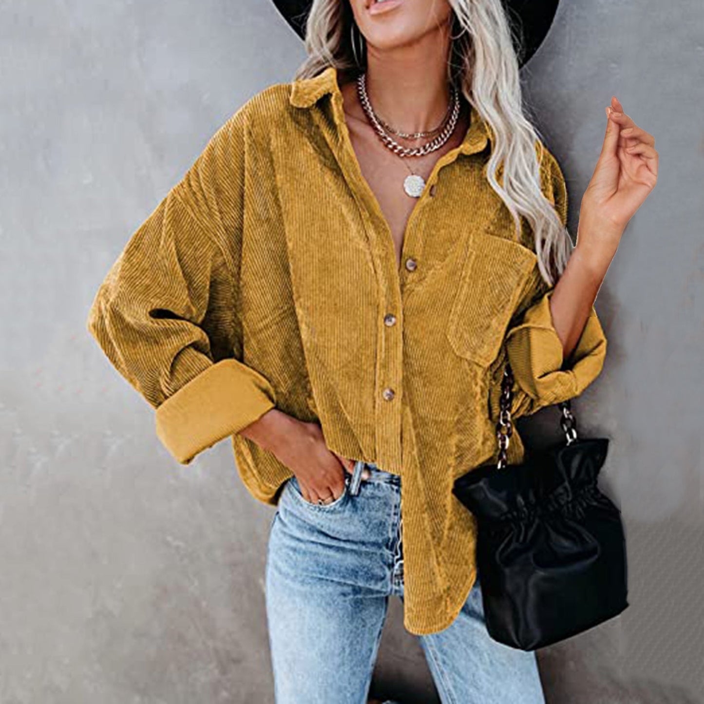 Damen Oversized Kordbluse Bequem Elegant