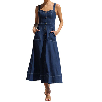 Damen Jeanskleid Lang Elegant Mit Taschen