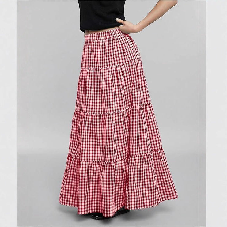 Damen Maxirock Karo Muster Elegant Lang