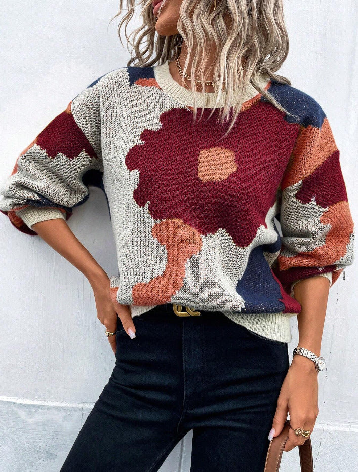Gemusterte Strickpulli Lockere Passform Rundhals