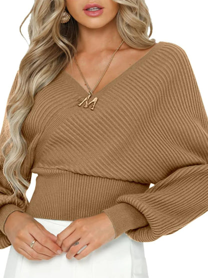 Damen Pullover Lässig V-Ausschnitt Breite Ärmel