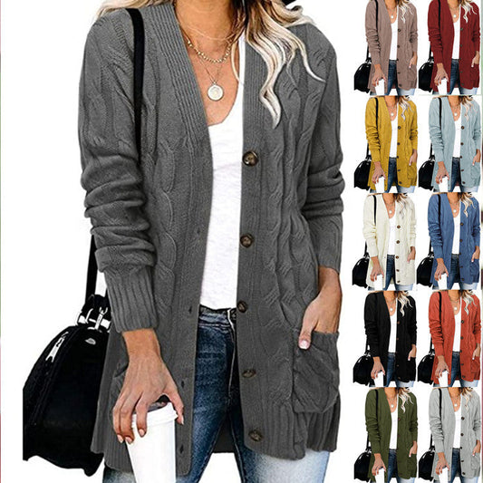 Damen Cardigan Grobstrick mit Knöpfen und Taschen - IdealeKleiden
