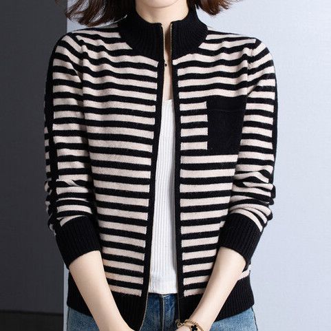 Damen Strickjacke Stehkragen Reißverschluss Elegante Outdoorjacke