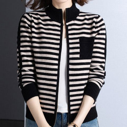 Damen Strickjacke Stehkragen Reißverschluss Elegante Outdoorjacke