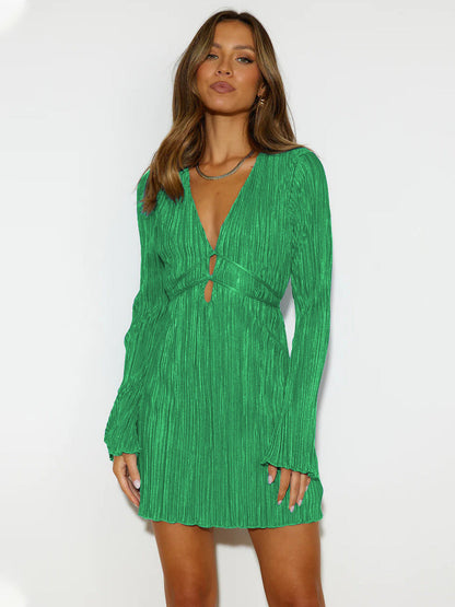 Damen Plissé Kleid V-Ausschnitt Elegantes Abendkleid