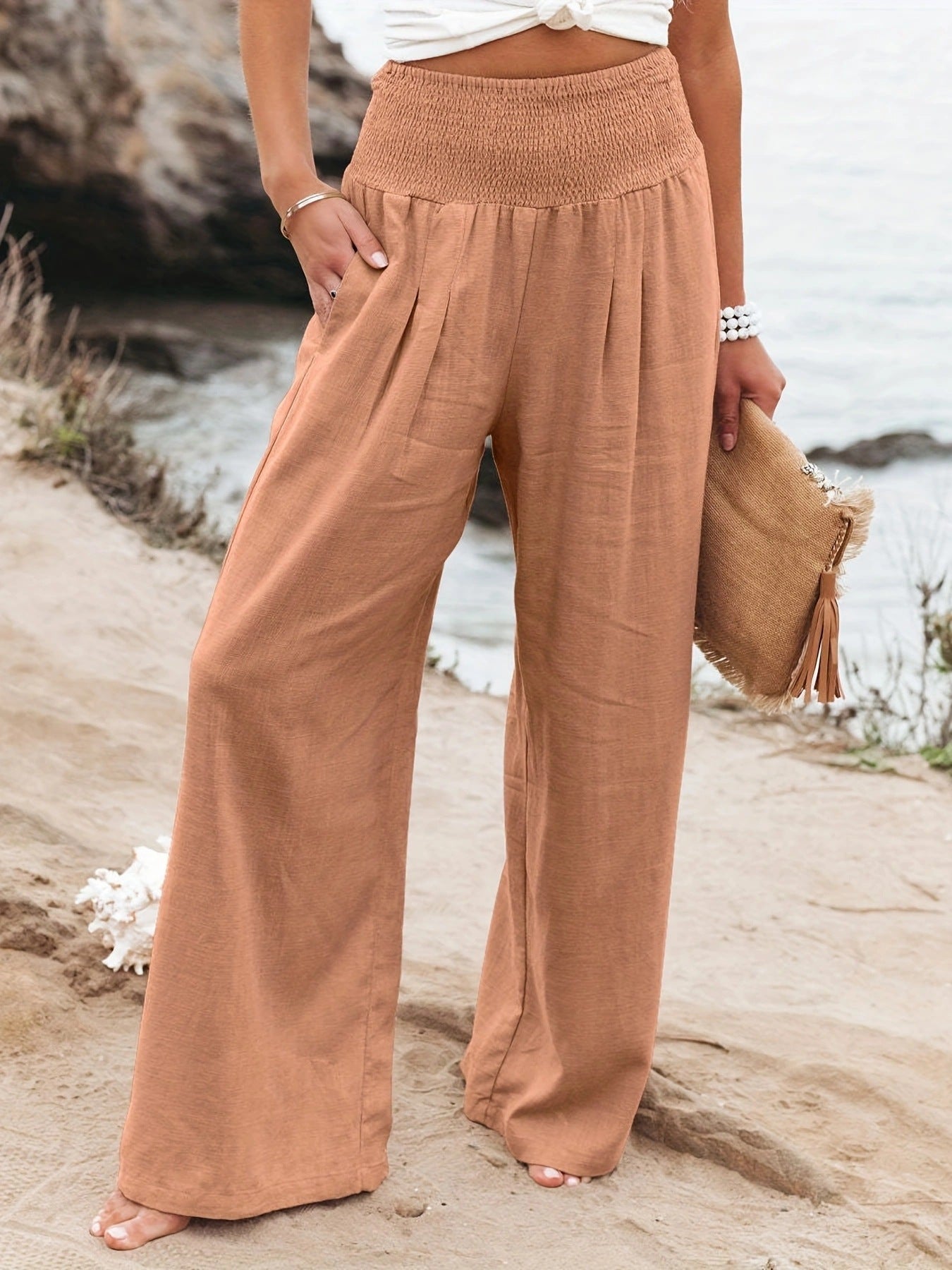 Damen Leinenhose Weit Bequem Faltenrock Effekt
