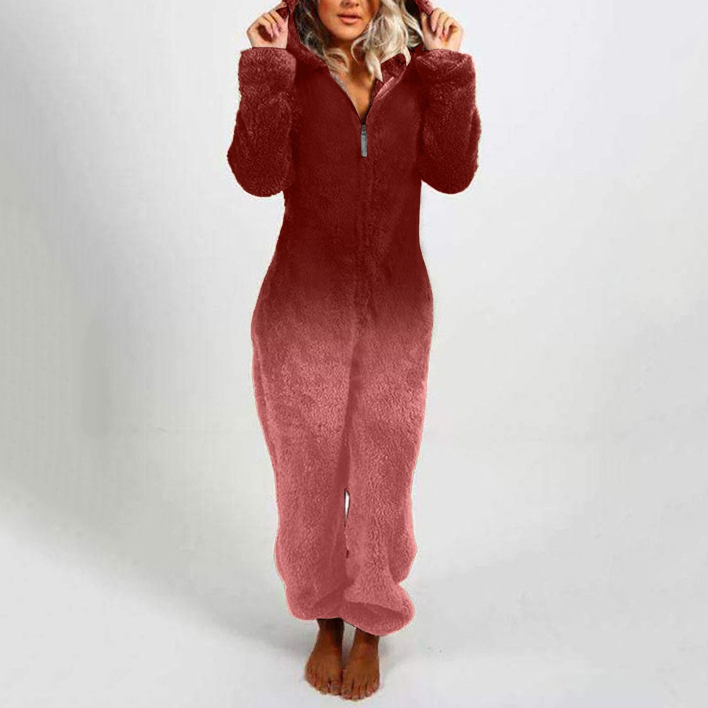 Damen Fleece-Overall Kapuze Farbverlauf Trendy