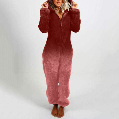 Damen Fleece-Overall Kapuze Farbverlauf Trendy