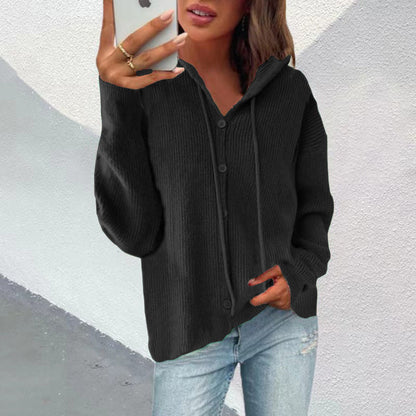 Damen Strickjacke Kapuze Knopfleiste Elegante Oberbekleidung - IdealeKleiden