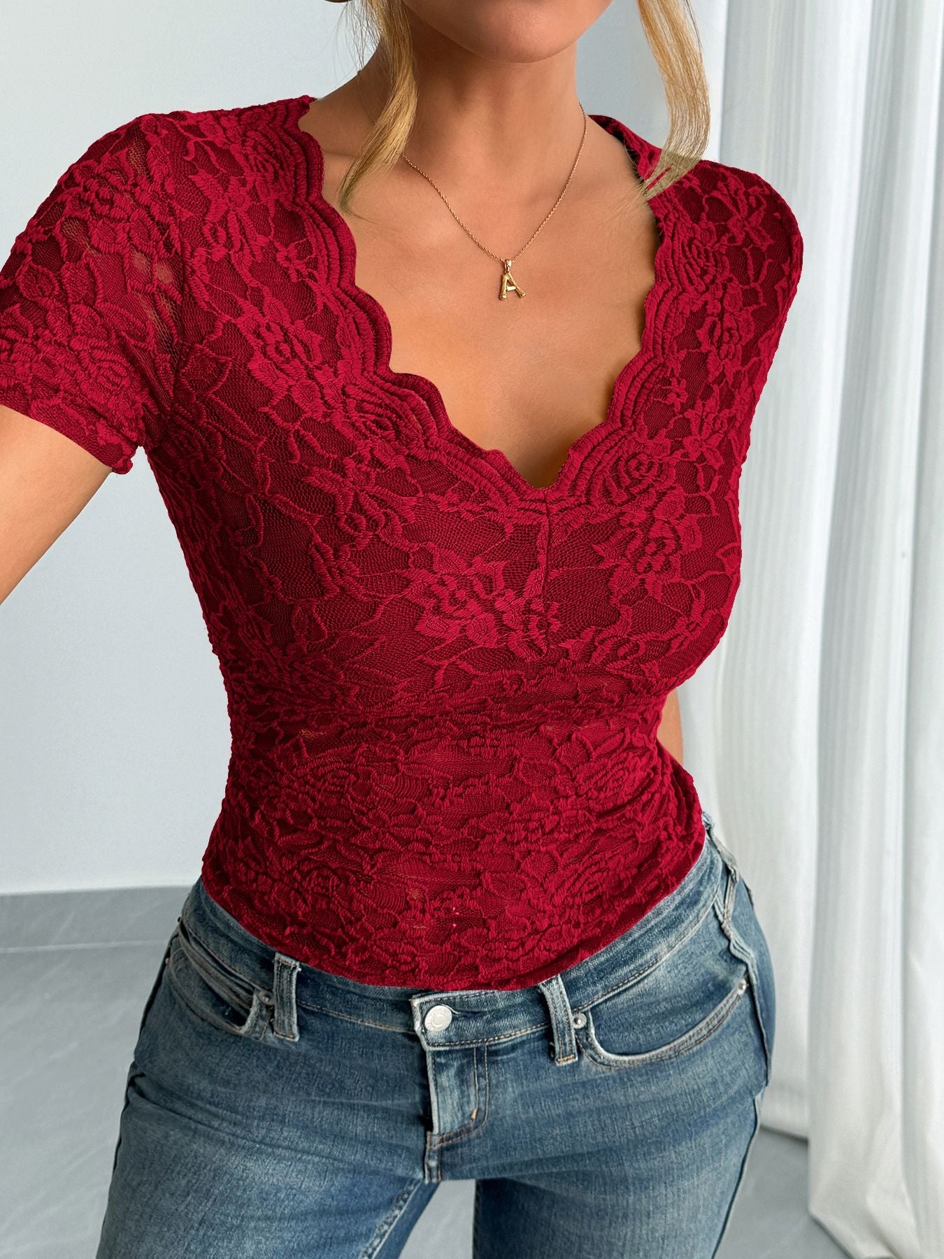Damen Oberteil Elegant Spitze V-Ausschnitt