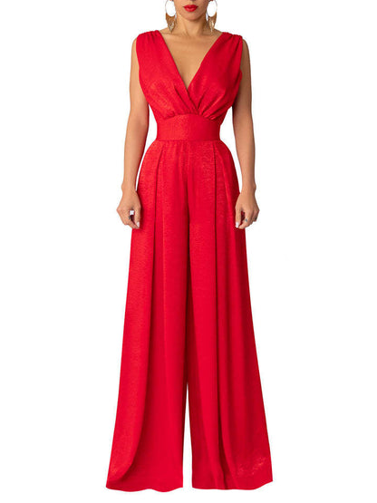 Damen Jumpsuit Elegant V-Ausschnitt Weite Bein