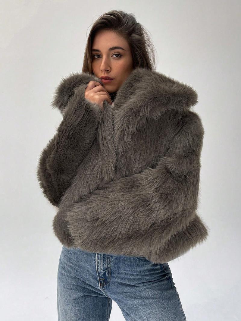 Damen Stylish Kunstpelz Jacke Oversized Ärmel Trendy