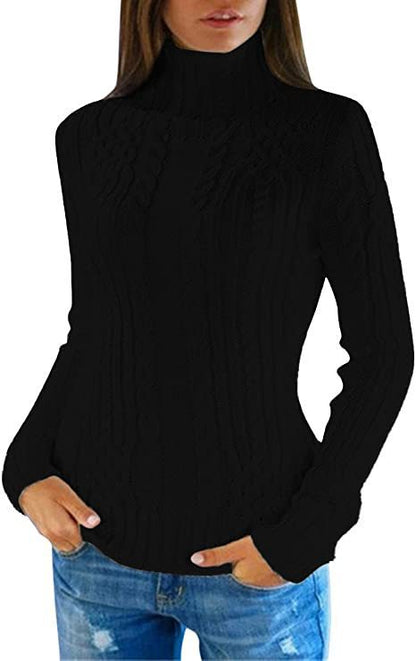 Damen Strickpullover Hochkragen Zopf Muster Elegante Kleidung