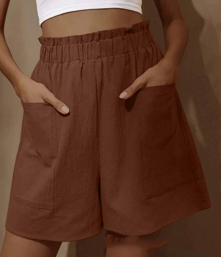 Damen Leinen Shorts Bequem Elastisch mit Seitentaschen