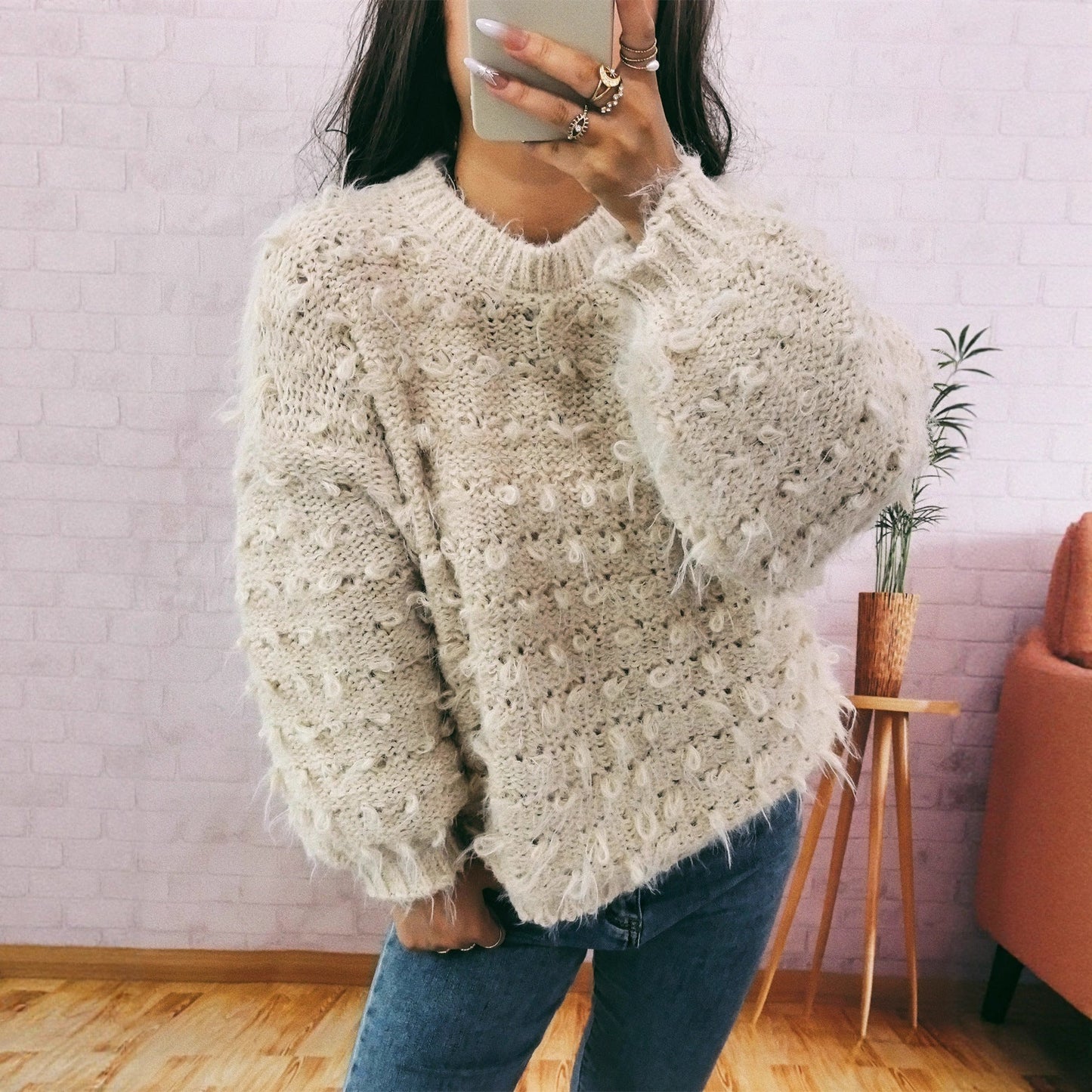Damen Oversized Pullover Großzügig Strukturiert Elegant - IdealeKleiden