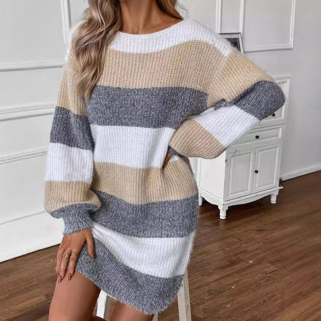 Damen Strickkleid Streifen Übergröße - IdealeKleiden