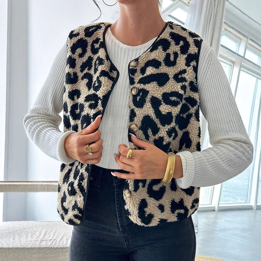 Damen Plüschweste Leopard Muster Trendy Oversize