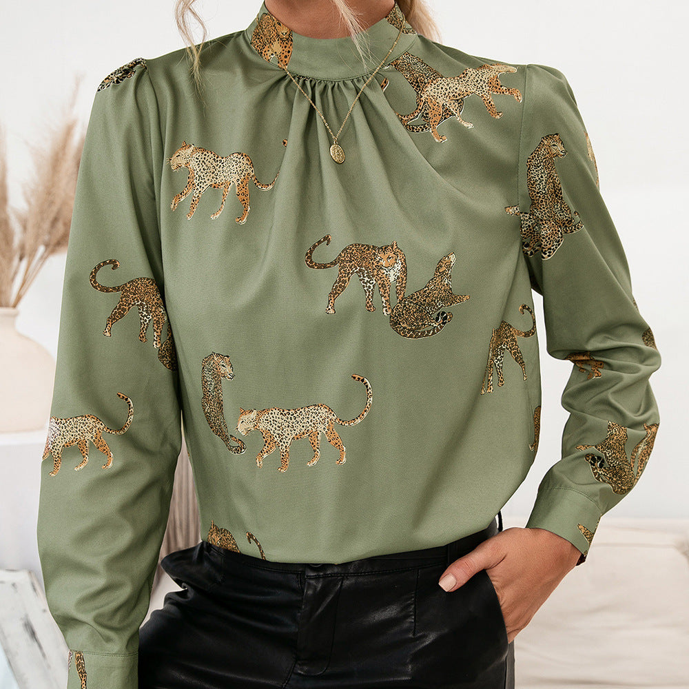 Damen Bluse Tierdruck Elegant Stehkragen