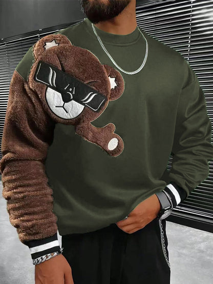 Herren Sweater Bär Applikation Weich Plüsch