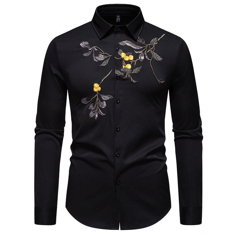 Herren Hemd Elegant Bestickt Langarm