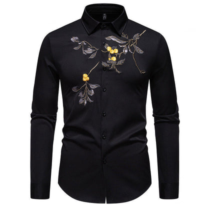 Herren Hemd Elegant Bestickt Langarm
