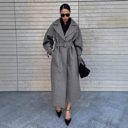 Damen Wollmantel Elegant Tailliert Gürtel