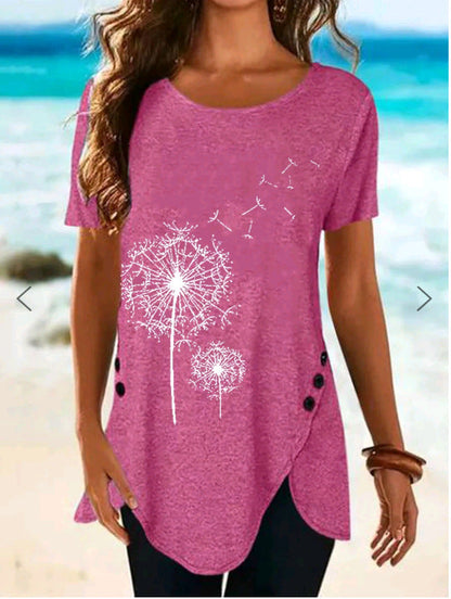 Damen Top Kurzarm Asymmetrisch Dandelion Print
