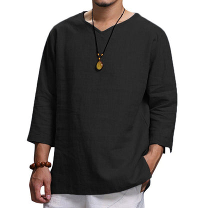 Herren Leinenhemd Sommer V-Ausschnitt Bequem
