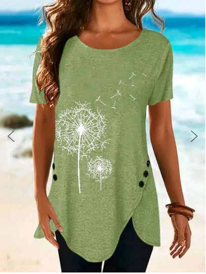 Damen Top Kurzarm Asymmetrisch Dandelion Print