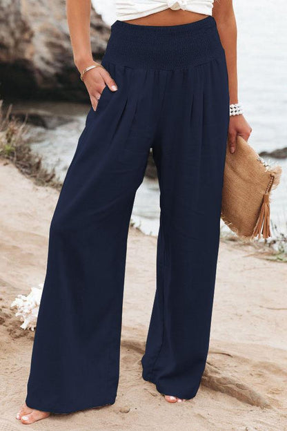 Damen Leinenhose Weit Bequem Falten Detail
