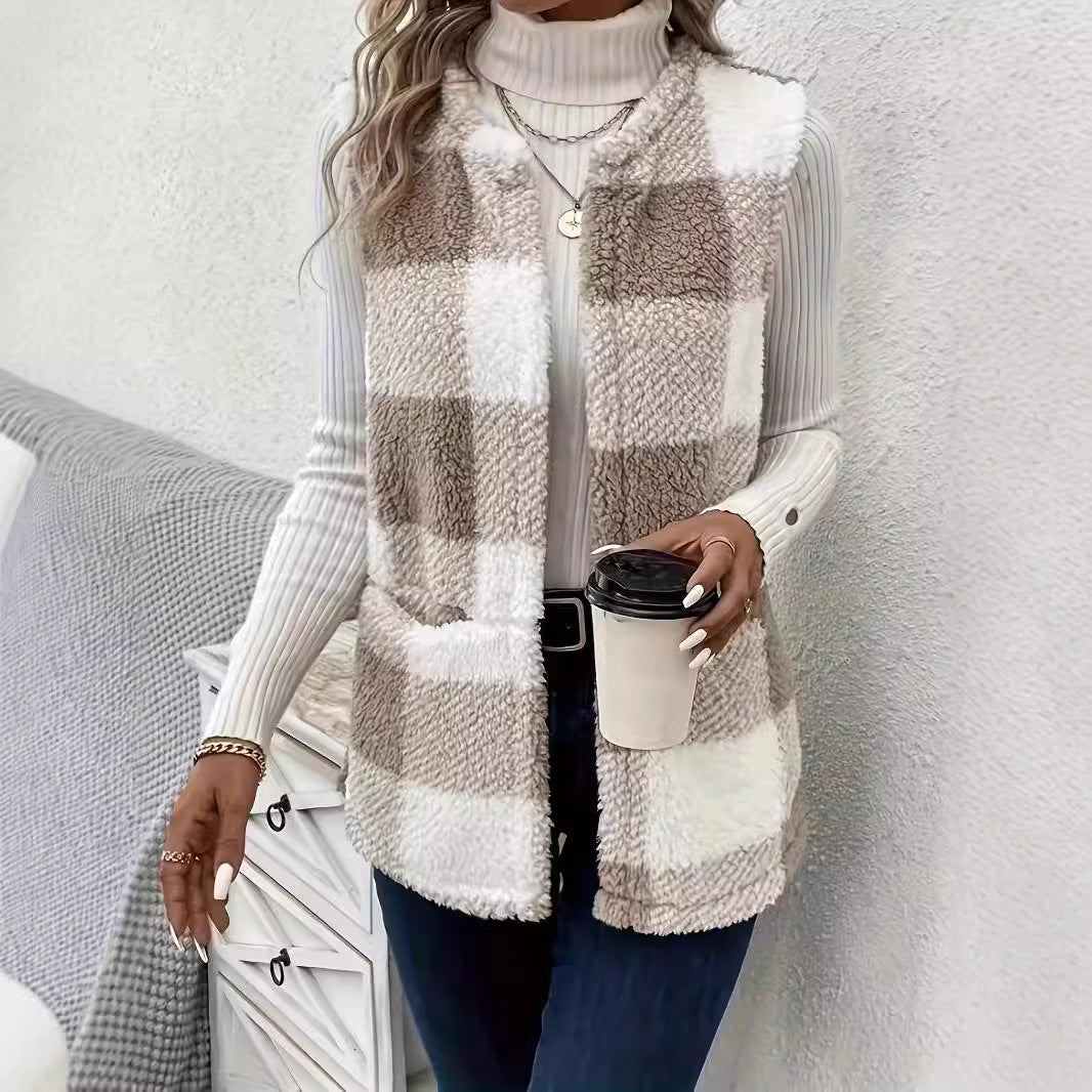 Damen Weste Karo Flauschig Mit Taschen - IdealeKleiden