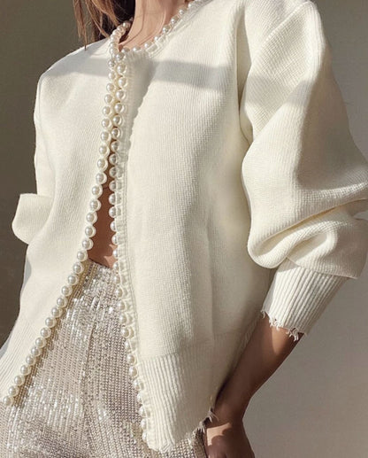 Damen Strickjacke Offen mit Perlenbesatz Elegantes Design