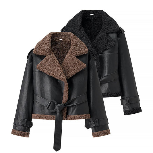 Damen Lederjacke Teddyfutter Elegant Tailliert - IdealeKleiden