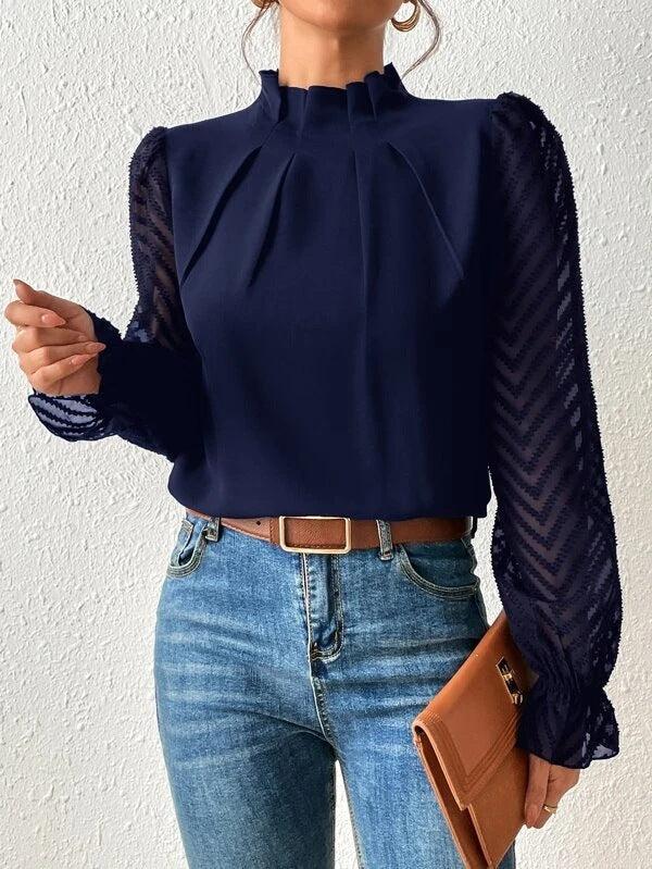 Elegante Bluse Damen Plissierter Kragen Durchsichtige Ärmel