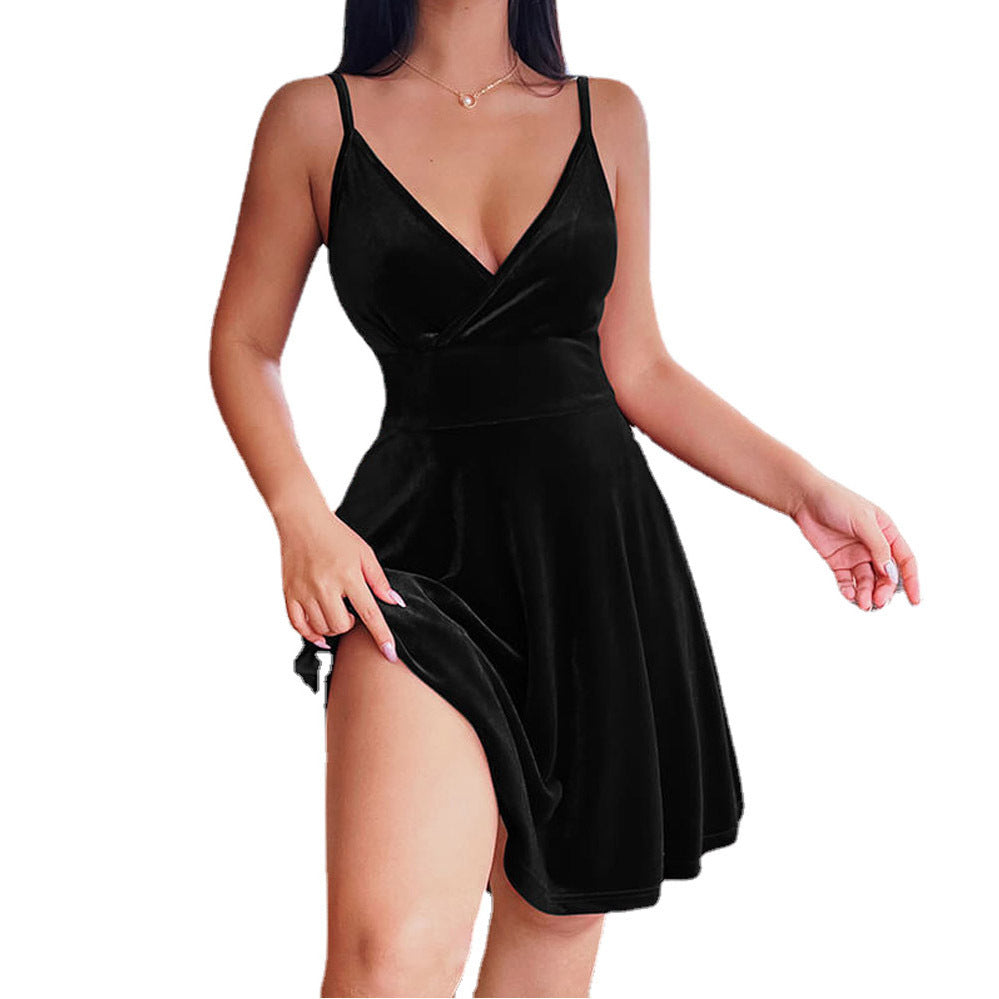 Damen Luxus Samtkleid A-Linie Tiefes Dekolleté