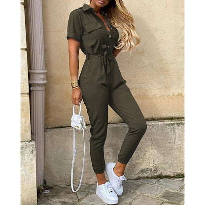 Damen Jumpsuit Elegant Tailliert Knopfleiste