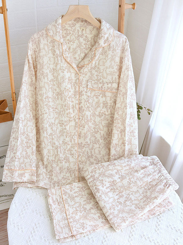 Damen Pyjama Set Blumenmuster Knopfhemd